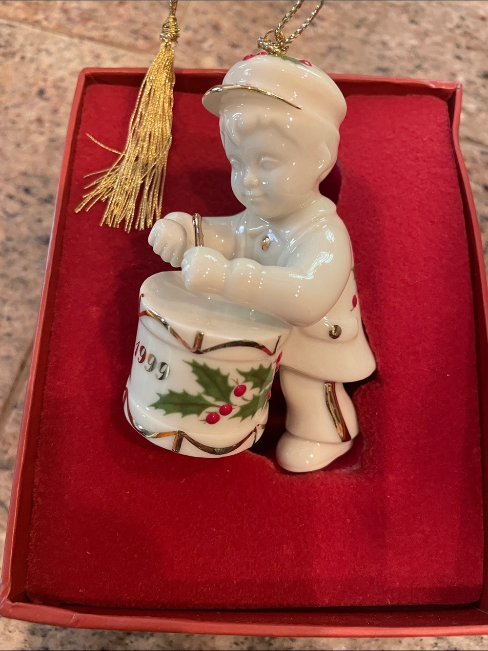Lenox White Porcelain Drummer Boy Ornament with Red Berries and Gold Trim